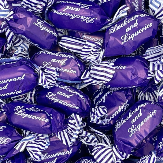 Blackcurrant and Liquorice, Blackcurrant flavour hard boiled sweets with a chewy liquorice toffee centre.