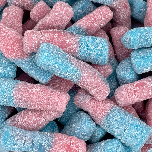 Fizzy Bubblegum Bottles - Bubblegum flavour jelly sweets with a fizzy sour coating.