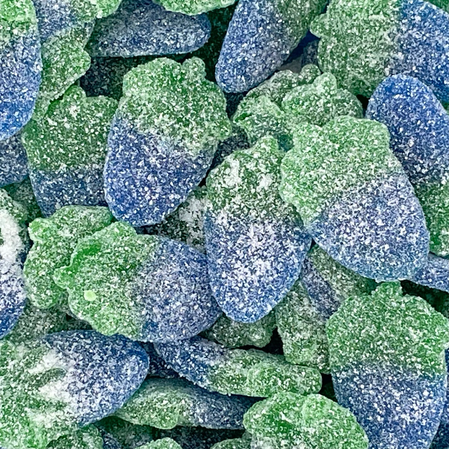 Fizzy Blue Raspberries - Blue raspberry flavour sour jelly sweets dusted in sugar.