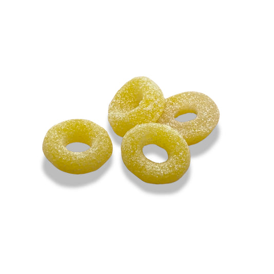 Kingsway Vegan Pineapple Rings - Pineapple flavoured ring-shaped sweets coated in sour sugar.
