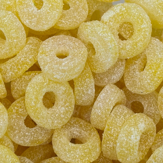 Kingsway Vegan Pineapple Rings - Pineapple flavoured ring-shaped sweets coated in sour sugar.