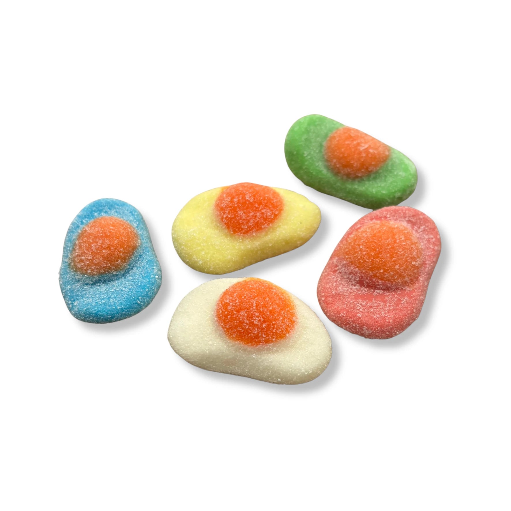 Fruit flavoured, colourful fizzy jelly sweets in the shapes of fried eggs.