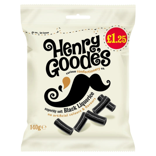 Henry Goode's Superbly Soft Black Liquorice Bag 140g. Aniseed flavoured soft eating liquorice.