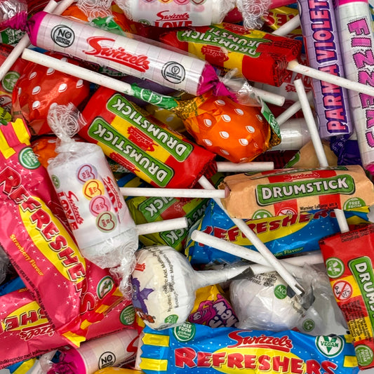 Swizzels Variety Mix - A selection of Swizzels most popular sweets.
Includes Love Hearts, Drumsticks, Fizzers and lots more.